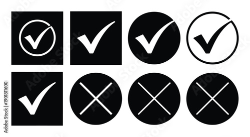 Collection of Checkmark and Cross Icons in Squares and Circles