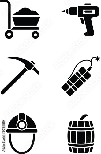 Black silhouettes of mining and construction tools and equipment