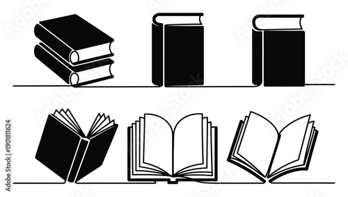 Collection of Black and White Book Icons: Stacked, Closed, and Open