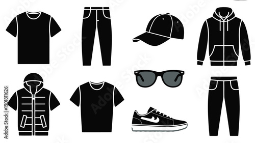 Black clothing and accessories collection including t shirts hoodies pants hats shoes and sunglasses