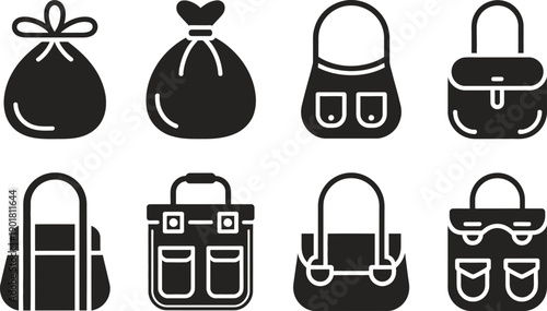 Black and white of various bags and purses silhouettes