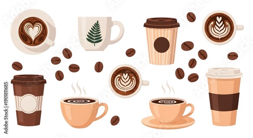 Wallpaper Mural Coffee Cup Vector Set with Latte Art, Takeaway Cups, Coffee Beans and Cafe Drinks, Flat Cartoon Illustration Isolated on White Background Torontodigital.ca