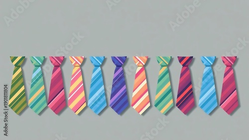 Row of colorful striped neckties on gray background, elegant silk tie collection for business and formal wear, fashion accessories set