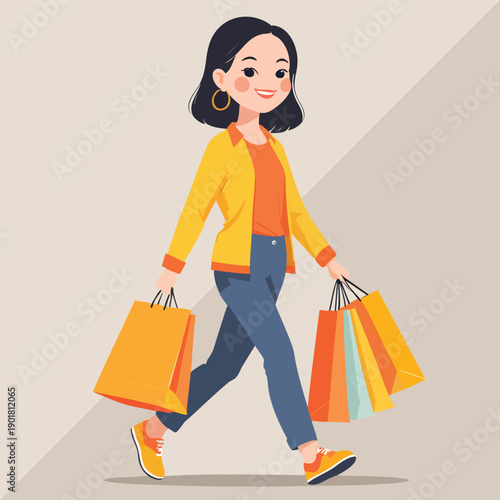 Flat Style Cheerful Woman Walking with Shopping Bag Illustration Graphic