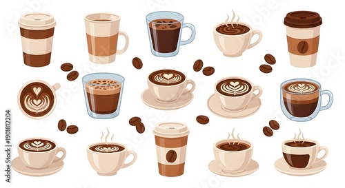 Wallpaper Mural Coffee Cup Vector Set with Latte Art, Takeaway Cups, Coffee Beans and Cafe Drinks, Flat Cartoon Illustration Isolated on White Background Torontodigital.ca