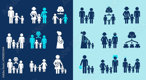 A comprehensive set of stick figure icons illustrating diverse family structures, including parents, children, pregnancy, and adoption, presented on a split blue background.