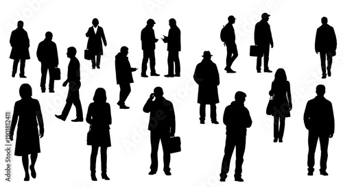 Silhouettes of various men and women in different poses and actions, standing and walking, isolated on a white background.