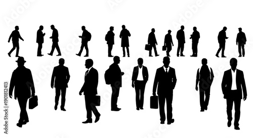 A collection of black silhouette figures of men in business attire walking and standing against a white background.