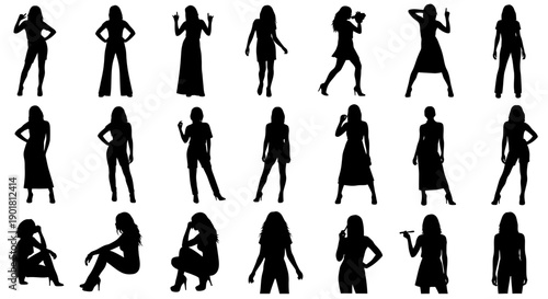 A collection of black silhouettes of women in various standing and sitting poses, isolated on a white background, showcasing diverse body language and styles.