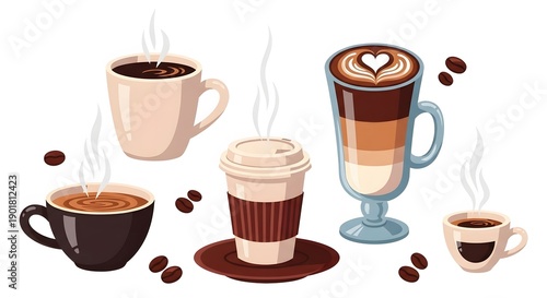 Wallpaper Mural Coffee Cup Vector Set with Latte Art, Takeaway Cups, Coffee Beans and Cafe Drinks, Flat Cartoon Illustration Isolated on White Background Torontodigital.ca
