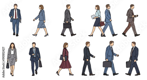 Illustrations of diverse business people walking in various poses, dressed in professional attire, carrying briefcases and bags.