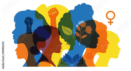 Colorful overlapping silhouettes of diverse women's profiles, featuring symbols of empowerment, knowledge, and the female gender, representing feminism and social justice.