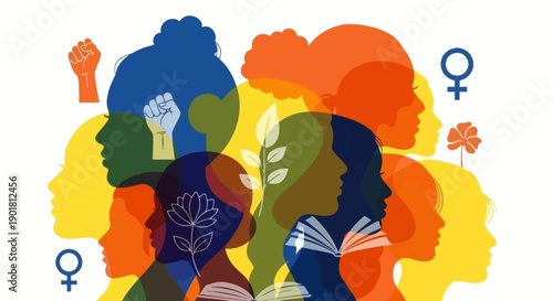 Colorful overlapping silhouettes of diverse women's heads with symbols representing feminism, empowerment, education, and nature, illustrating unity and social issues.