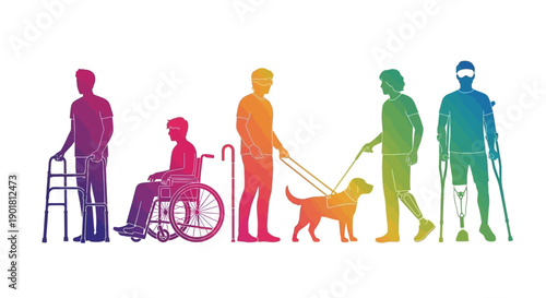 A diverse group of rainbow-colored silhouettes representing people with various disabilities and assistive devices, symbolizing inclusivity and accessibility.
