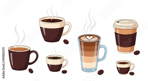 Wallpaper Mural Coffee Cup Vector Set with Latte Art, Takeaway Cups, Coffee Beans and Cafe Drinks, Flat Cartoon Illustration Isolated on White Background Torontodigital.ca