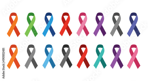 A collection of colorful awareness ribbons in two rows, representing various causes and support for different health issues and social campaigns.