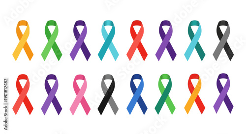 A collection of various colorful awareness ribbons arranged in two rows on a white background, symbolizing support for different causes and health issues.