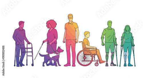 A diverse group of people with various disabilities and mobility aids, illustrating inclusion and accessibility.