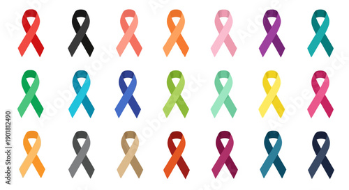 A collection of various colored awareness ribbons displayed on a white background, symbolizing different causes and support.