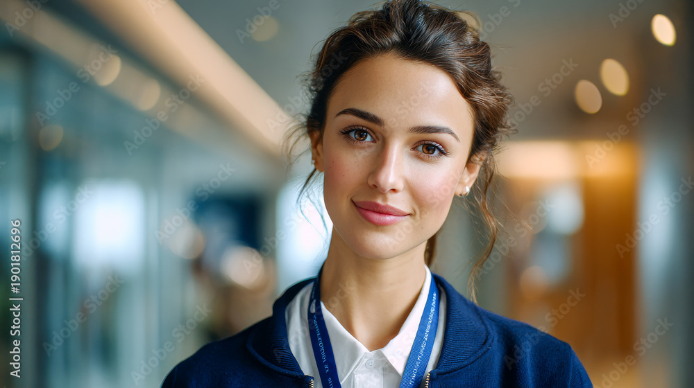 Obraz premium A smiling woman with brown hair, in a white shirt and blue jacket, wearing a blue lanyard, stands in a brightly lit indoor setting