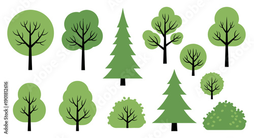 A collection of stylized green trees and bushes in various shapes and sizes, isolated on a white background, representing diverse plant life.