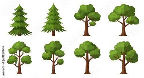 A collection of eight diverse cartoon-style trees, featuring both evergreen and deciduous types with green leaves and brown trunks, isolated on a white background.