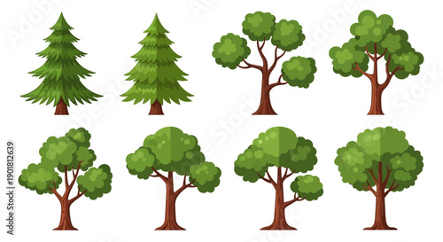 A collection of various cartoon-style trees including evergreen and deciduous types, depicted with green foliage and brown trunks on a white background.