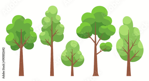 A collection of five cartoon-style green trees with brown trunks, varying in height and foliage shape, isolated on a white background.