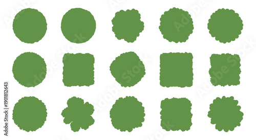 Green textured bush shapes and topiary icons on white background.