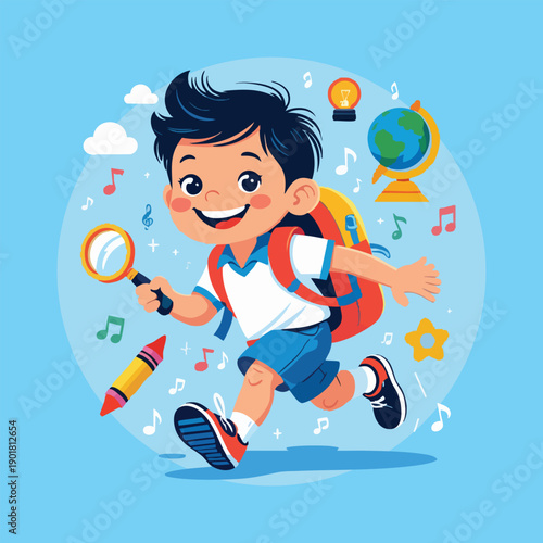 Cartoon Happy Schoolboy Running with Backpack and School Supplies Illustration