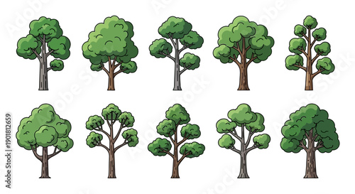 Ten cartoon-style trees with green leaves and brown trunks, featuring various shapes and sizes, isolated on a white background.