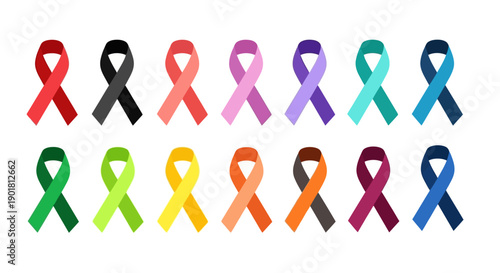 A vibrant collection of colorful awareness ribbons in various hues, symbolizing support for diverse health and social causes.