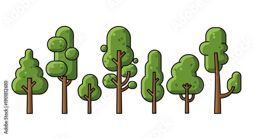 A collection of stylized cartoon trees with green foliage and brown trunks, varying in shapes and sizes, isolated on a white background.