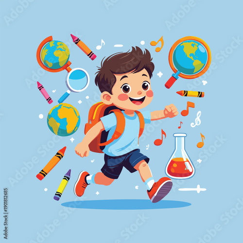 Cheerful Cartoon Schoolboy Illustration with Globe, Crayon, Flask and Music Note Element