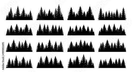 Collection of black forest and pine tree silhouettes, graphic elements for design projects.