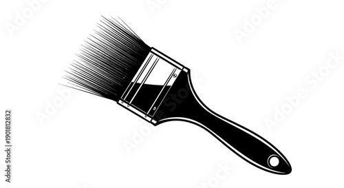 A black and white illustration of a paint brush with bristles splayed out, ready for use.