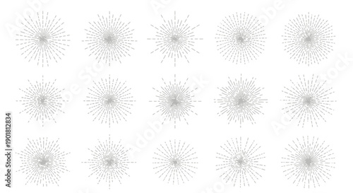 A collection of fifteen intricate abstract sunburst and starburst patterns with radiating lines on a white background, suitable for design elements.