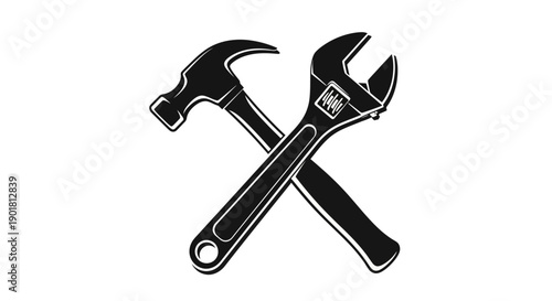 Black and white illustration of a hammer and an adjustable wrench crossed, symbolizing tools and repair.