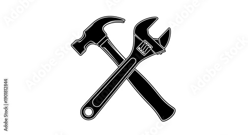 A black and white illustration of a hammer and an adjustable wrench crossed over each other, symbolizing tools and repair.