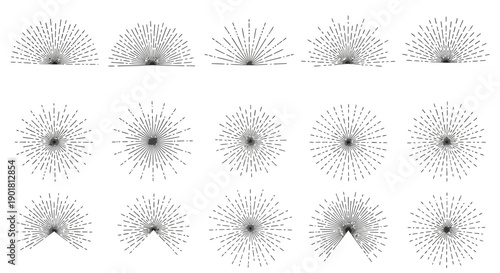 Set of various sunburst and starburst graphic elements, radiating lines design, vintage style, isolated on white background.