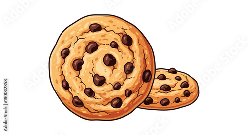 Two delicious chocolate chip cookies, one large and one small, with a golden-brown texture and visible chocolate pieces.