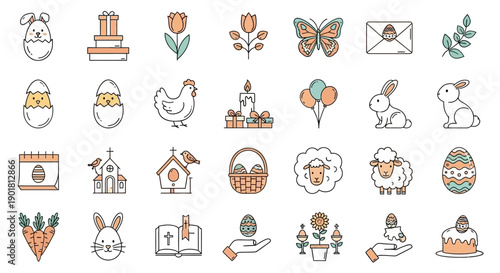 A collection of colorful line art icons representing various Easter holiday symbols and traditions.