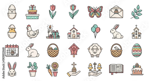 A collection of colorful Easter-themed icons featuring bunnies, eggs, chicks, churches, and spring elements in a flat line art style.