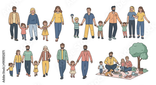 Diverse families holding hands and enjoying a picnic, illustrating modern family structures.