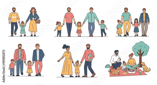 Diverse families with parents and children walking and picnicking, illustrating modern family structures in a flat vector style.