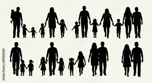 Silhouettes of diverse families and couples, including parents with children and adult pairs, walking together in various configurations.
