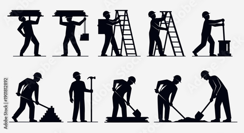 Silhouettes of construction workers performing various manual labor tasks with tools and equipment.