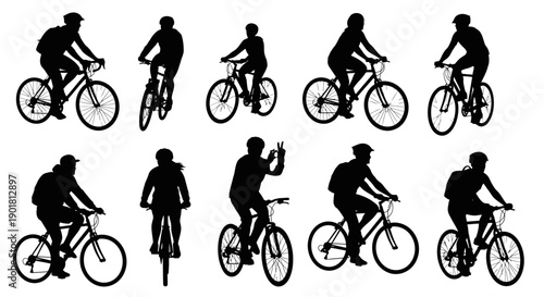 Collection of ten black silhouettes depicting people riding bicycles in various poses and angles, isolated on a white background.