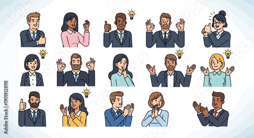 Diverse group of business people in cartoon style showing various gestures and expressions with lightbulb ideas.