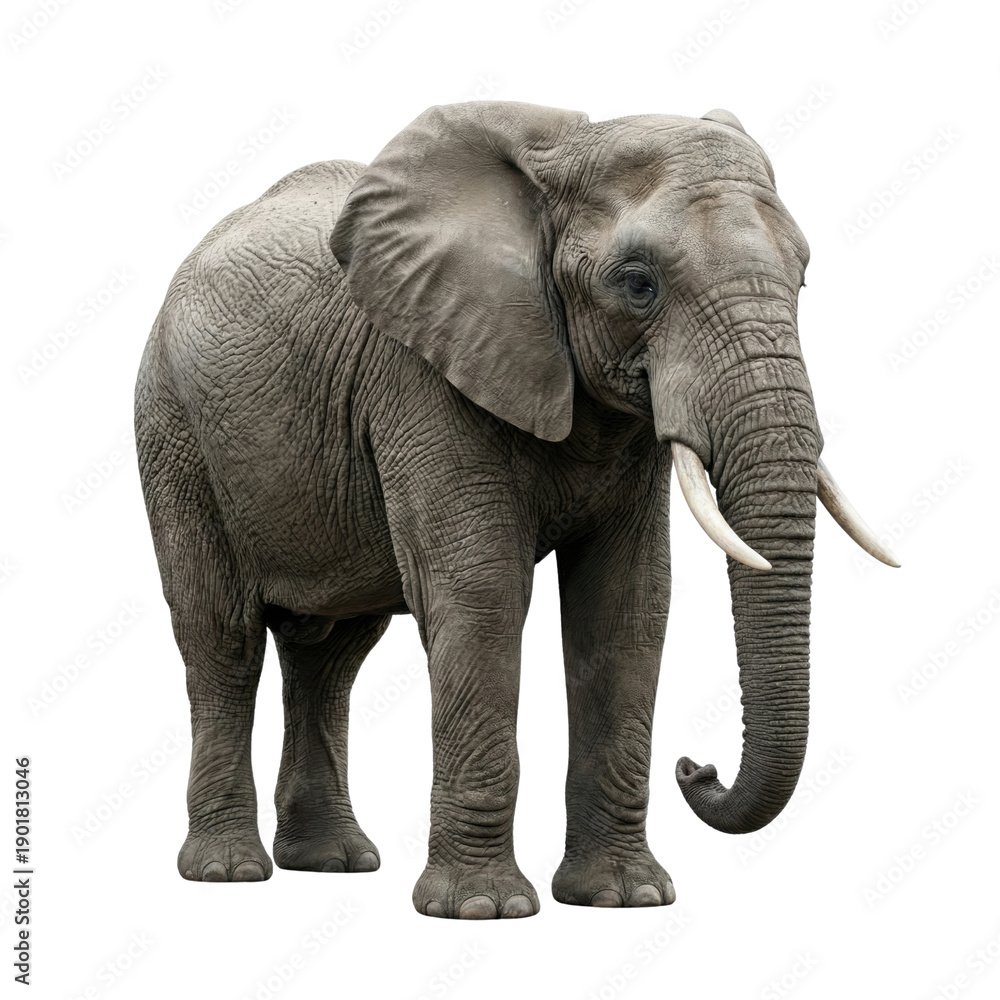 Fototapeta premium Full body African elephant with tusks and wrinkled gray skin, standing side view Isolated on white background